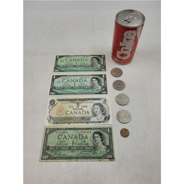 Vintage Canadian $1 Bills and Coins