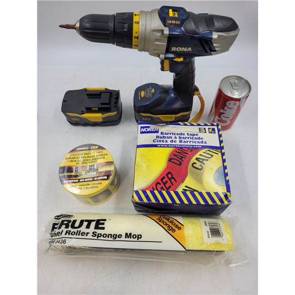Rona Drill with 18V Batteries Caution Tape and Roller Sponge Mop Head