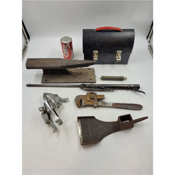 Vintage Cast Iron Rail Anvil, Axe Head, Pellet Rifle Frame, Lunch Kit & Various Tools