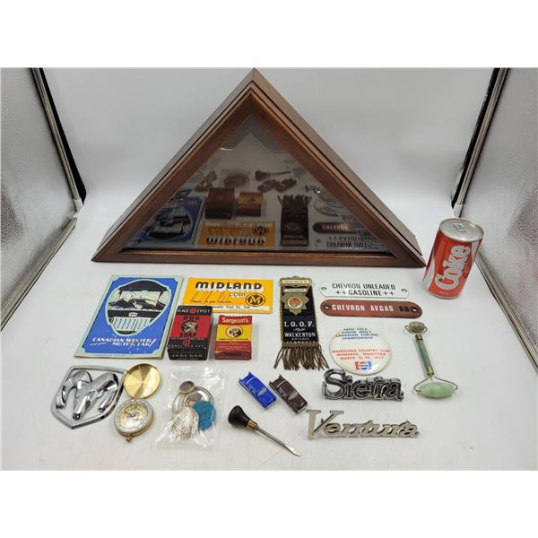 Vintage Triangle Glass/Wood Display Case and Vintage Smalls