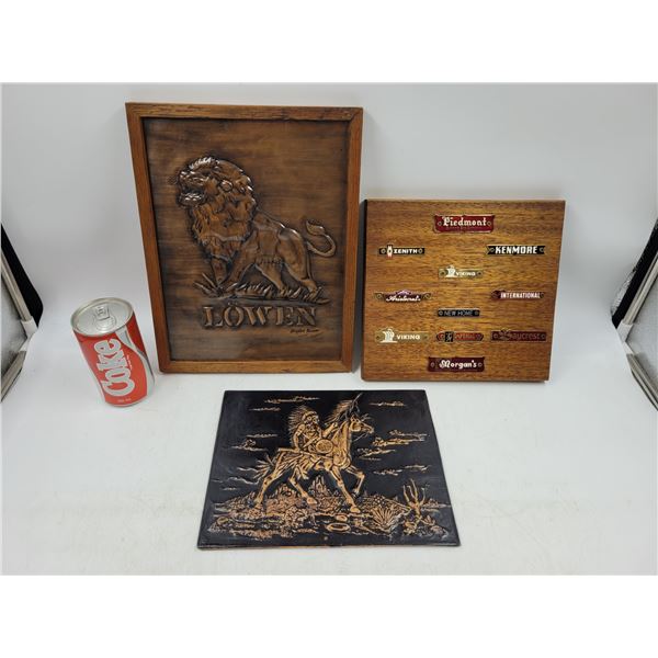 Western Americana Copper Etching/Vintage Art Deco 3-D Lion and Vintage Appliance Badges
