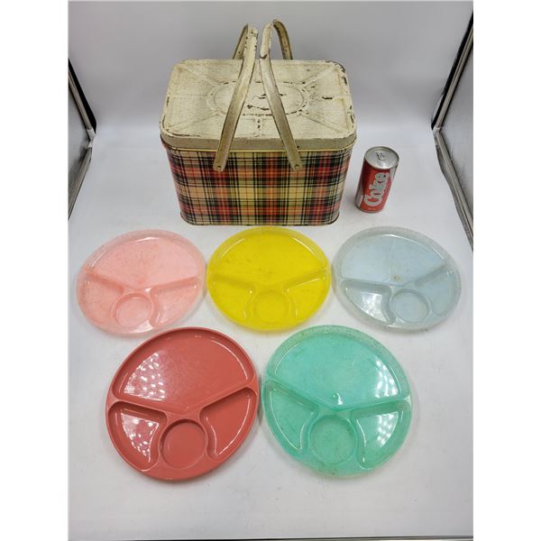 Vintage Metal Picnic Basket w/ Divided Glass Plates