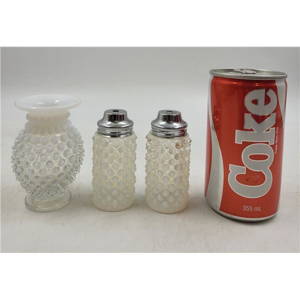 Fenton Opalescent Milk Glass Hobnail Salt & Pepper Shaker + Mini Vase