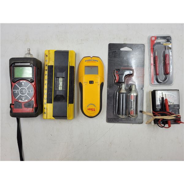 Gas Monitor, Level, Stud Sensor, Voltage Testers, and Tire Inflating Kit