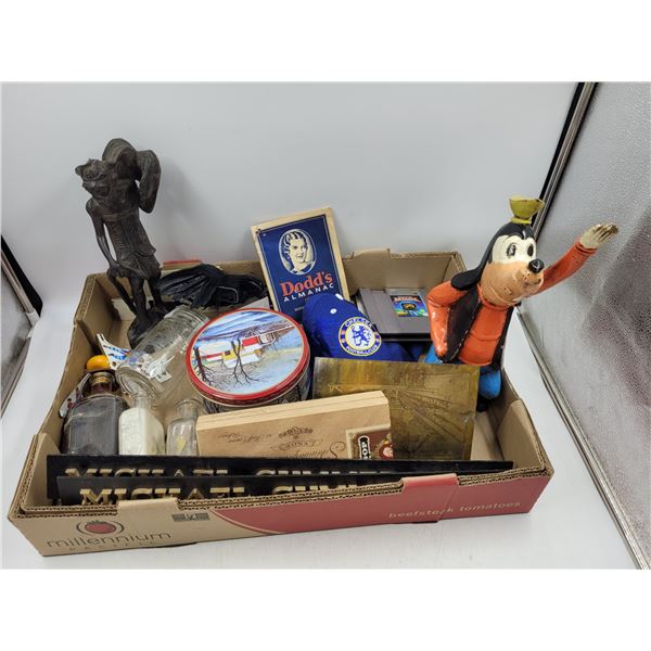 Vintage Wood, Glassware, Game, and Tin Lot