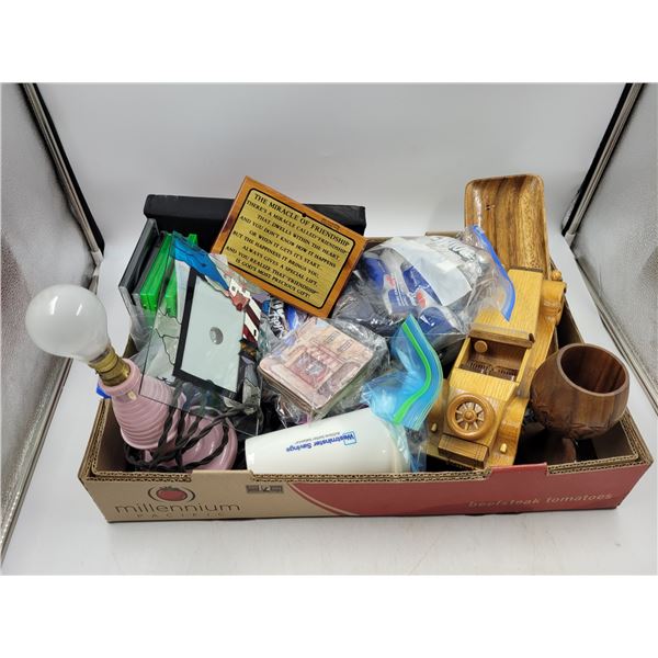 Pink Lamp, Wooden Car, and Miscellaneous Items