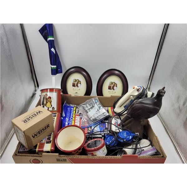 Picture Frame, Iron, Headphones, and Tin Lot