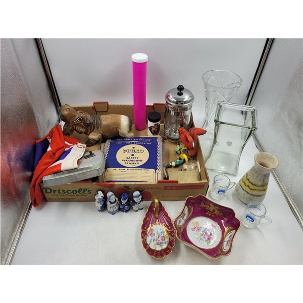 Glassware, Coffee Press, Safety Recording Blanks, and Wooden Hippo