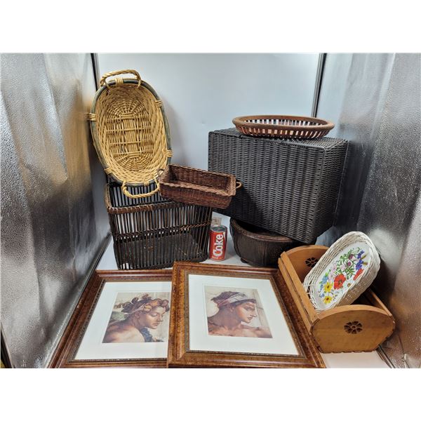Wicker Basket and Framed Picture Lot