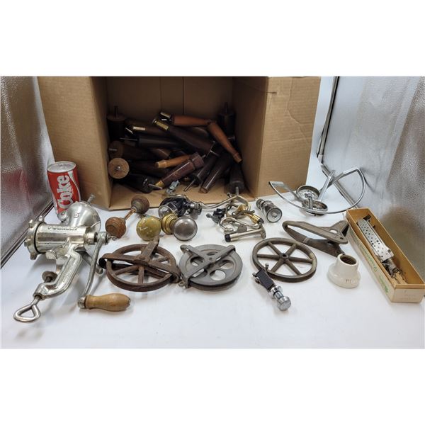 Vintage Meat Grinder, Doorknobs, Pulleys, and Furniture Legs