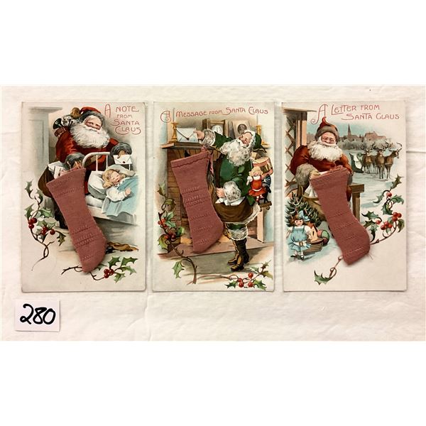 Novelty - Santa Claus Attached Stocking Christmas Holiday Greeting Postcards 3 Cards