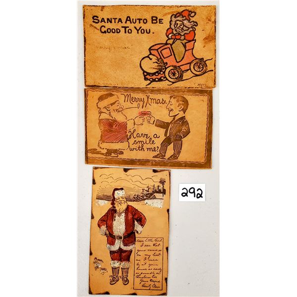 Novelty - 3 Leather Santa Holiday Antique Postcards