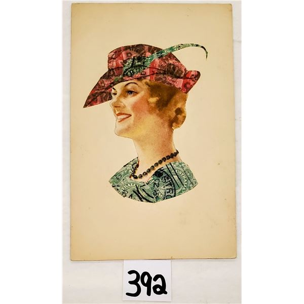 Novelty - Stamp Montage Pretty Lady in Hat Postcard