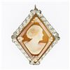 Image 1 : Vintage 14K White Gold Carved Shell Cameo Floral Filigree Lozenge Brooch Pendant