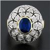 Image 2 : 18k TT Gold Oval Bezel Sapphire w/ 1.7 ctw Diamond Milgrain Mosaic Dome Bombe Ri