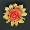 Image 4 : Vintage GIA NO DYE Carved Rose Coral Pin Brooch w/ 18k Gold Textured Leaf Frame