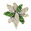 Image 1 : Vintage 18K TT Gold 1.20 ctw Pave Diamond Green Enamel Textured Flower Brooch Pi