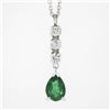 Image 2 : 14K White Gold Pear Emerald & Round Diamond Tear Drop Dangle Pendant w/ Chain