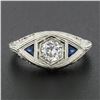Image 2 : Antique Art Deco 18k Gold Old European Diamond w/ Sapphire Floral Filigree Ring