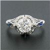 Image 3 : Antique Art Deco Platinum GIA European Diamond Sapphire Filigree Engagement Ring