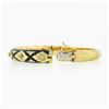 Image 5 : Vintage 14k Gold .18 ctw Diamond Black Enamel Engraved Hinged Open Bangle Bracel