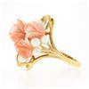 Image 6 : Vintage 14K Gold Carved Angel Skin Coral Pearl Rose Flower Bouquet Cocktail Ring