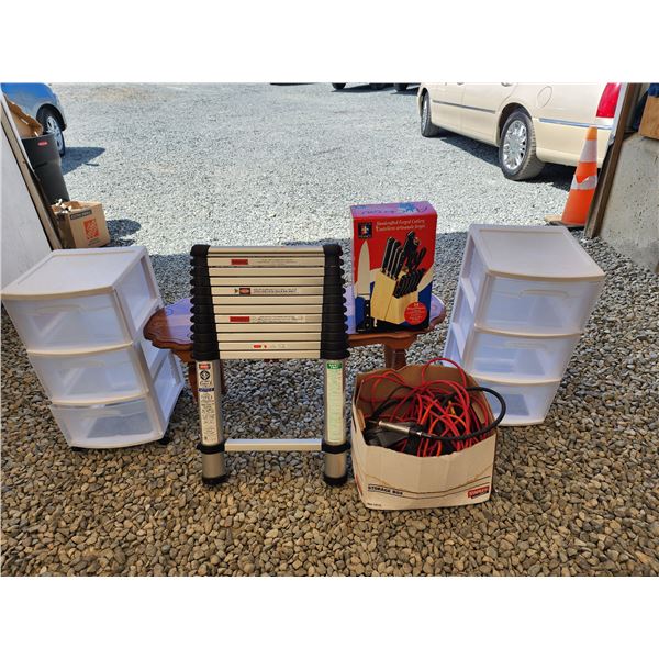 681 - Ladder, knives, storage, and various air tools