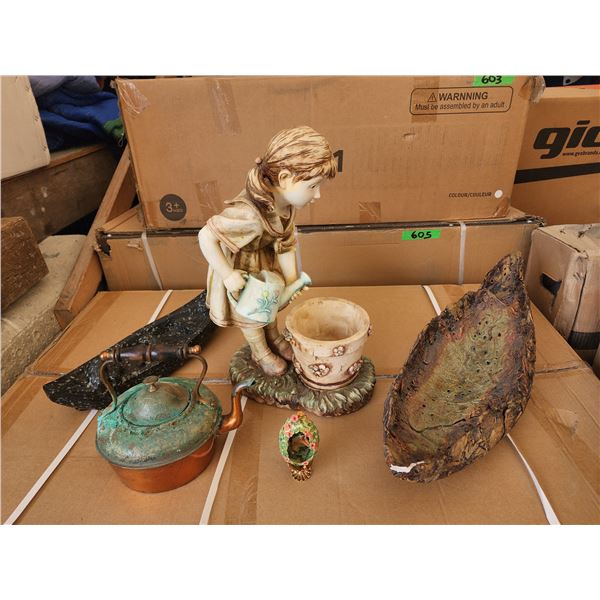 685 - Stone Carved Indigenous Canoe, kurama bonsai pot, Statue, and franklin mint faberge egg hummin