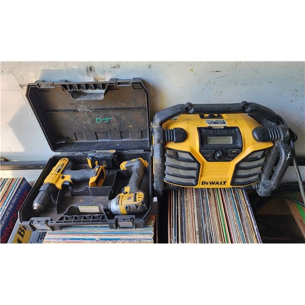 DEWALT JOB SITE RADIO, AND DRILLS.