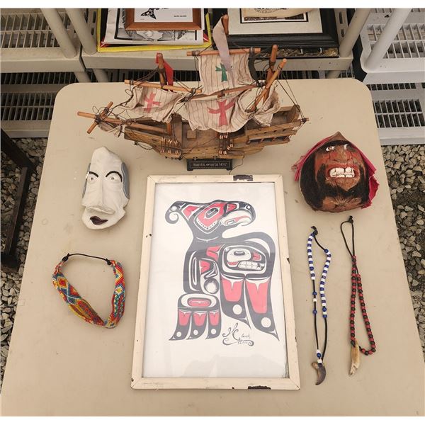 SANTA MARIA WOODEN SHIP, MASK, ART, AND BRACLETS