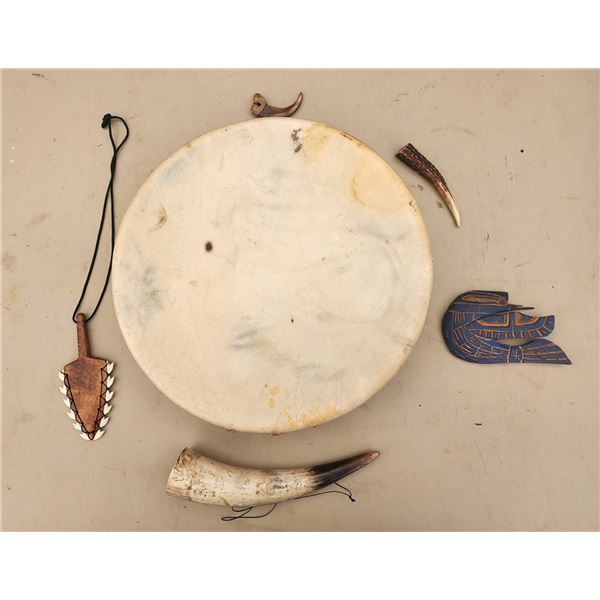 DEER SKIN HAND DRUM, SHARK TOOTH HAWAIIAN WAR CLUB HEAD, ANIMAL CLAW, AND WOODEN CARVING.
