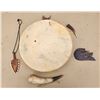 Image 1 : DEER SKIN HAND DRUM, SHARK TOOTH HAWAIIAN WAR CLUB HEAD, ANIMAL CLAW, AND WOODEN CARVING.