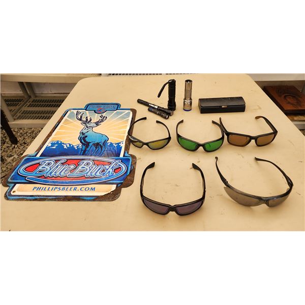 Metal Blue Buck Sign, with Various Glasses