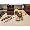 Image 2 : Damascus Steel Bowie Knife, Japanese Bowl with Spoon, and other items.