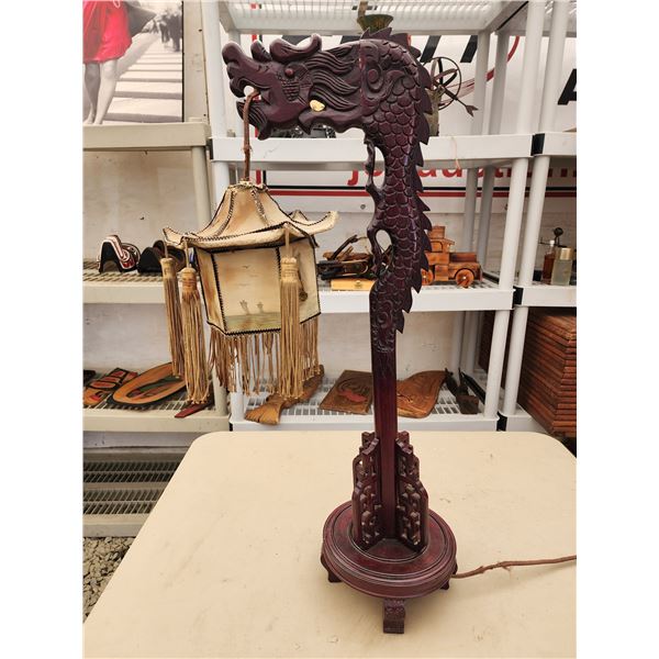 Vintage Carved Dragon Lamp with Matching Table