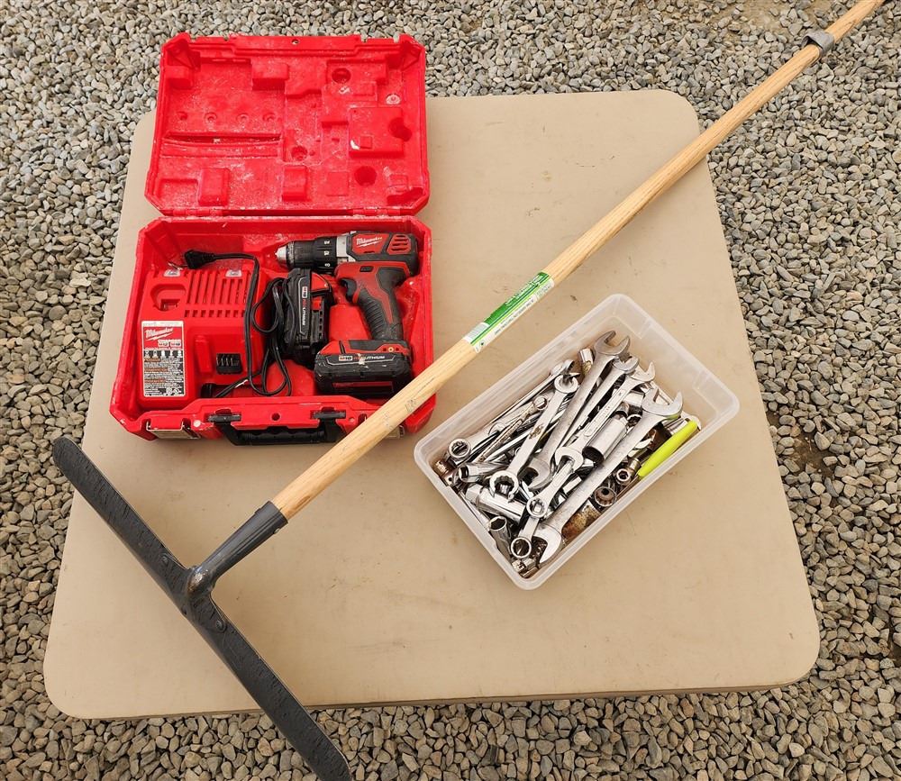 Milwaukee Drill with Gravel Rake and Tools