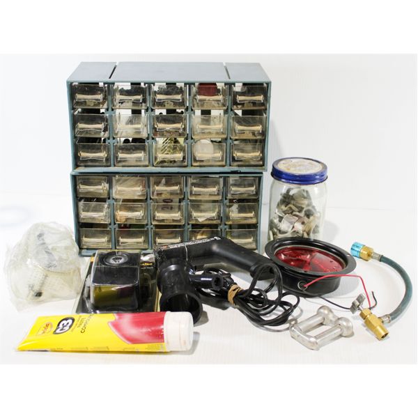 PLASTIC TOTE W/ HARDWARE ORGINIZERS + CONTENTS