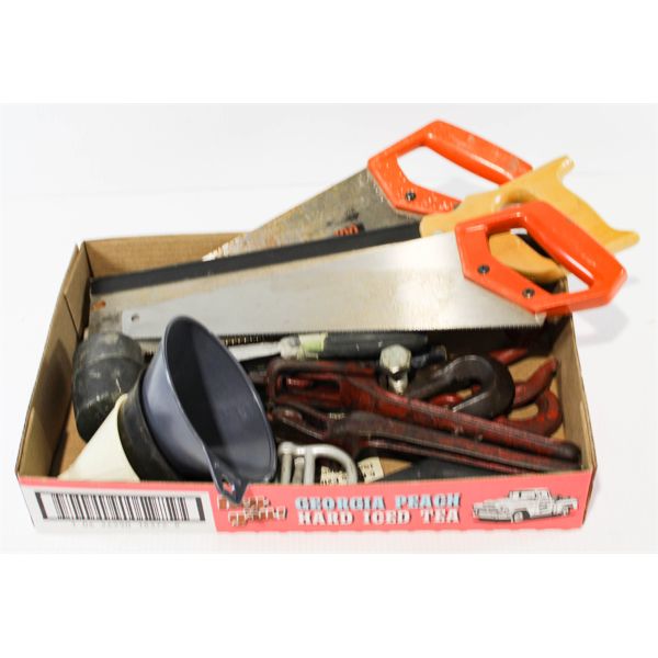 MISC. TOOLS, SAWS, CHAIN HOOKS, FUNNELS, ETC.