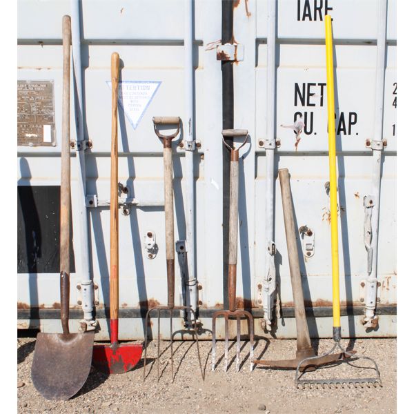 ASSORT. FORKS, RAKE, SHOVEL, ICE PICK, ETC.