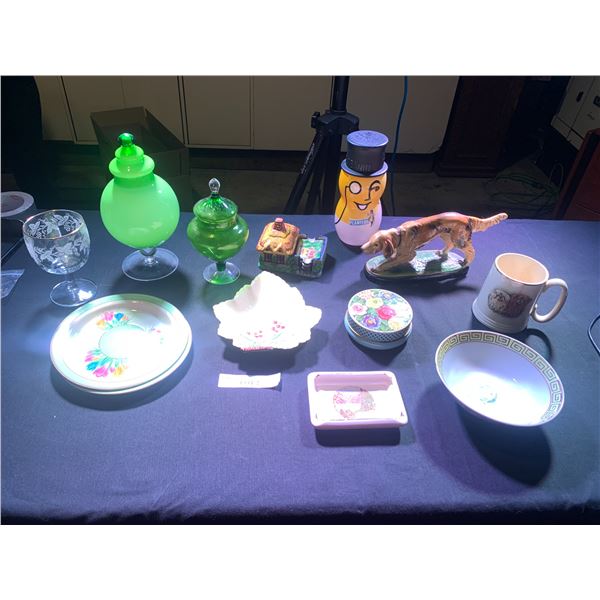 Vintage House Shaped Ashtray, Mr, Peanut Container, Two Green Compote Dishes, Golden Retriever Figur