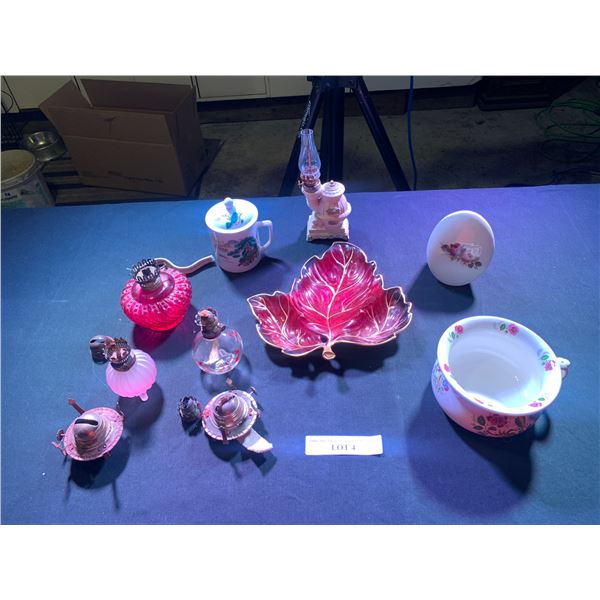 Plume & Atwood Cranberry Glass Oil Lantern Base, Pink+Red & Gold Oil Lantern Bases, Mini Pot Belly S