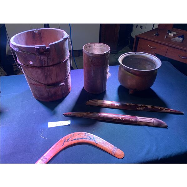 Australian Boomerang, Bula & Suva Hand Carved Knives, Wood Bucket, Brass Bowl & Metal Container