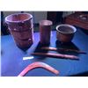 Image 1 : Australian Boomerang, Bula & Suva Hand Carved Knives, Wood Bucket, Brass Bowl & Metal Container