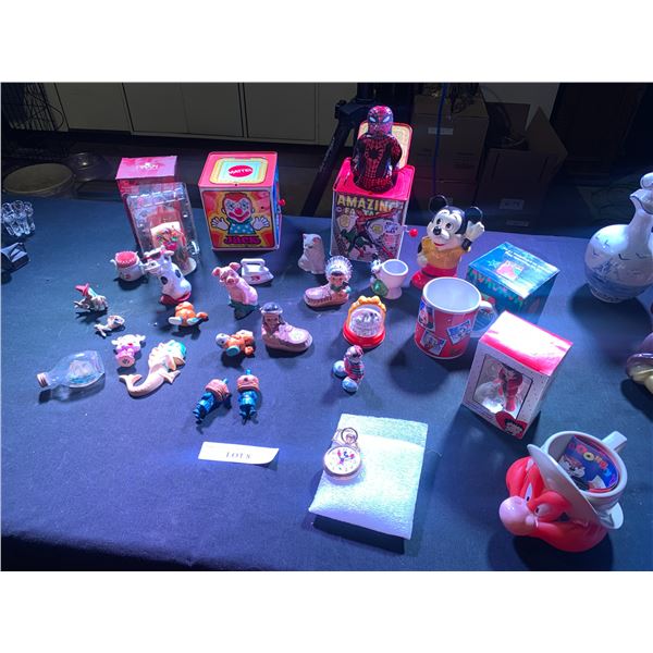 Spider Man & Mattel Jack in the Boxes, Vintage Mickey Mouse Piggy Bank & Egg Cup, Mickey Mouse Pocke