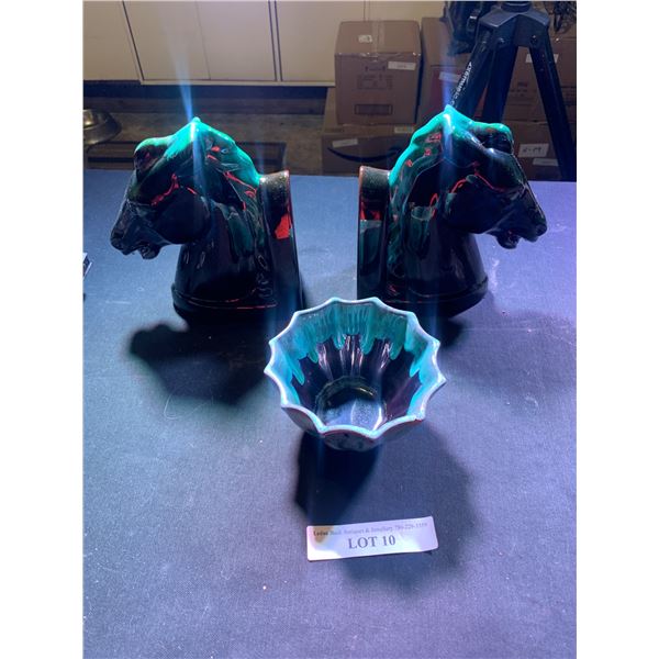 Horse Shaped Blue Mountain Pottery Book Ends & Bowl