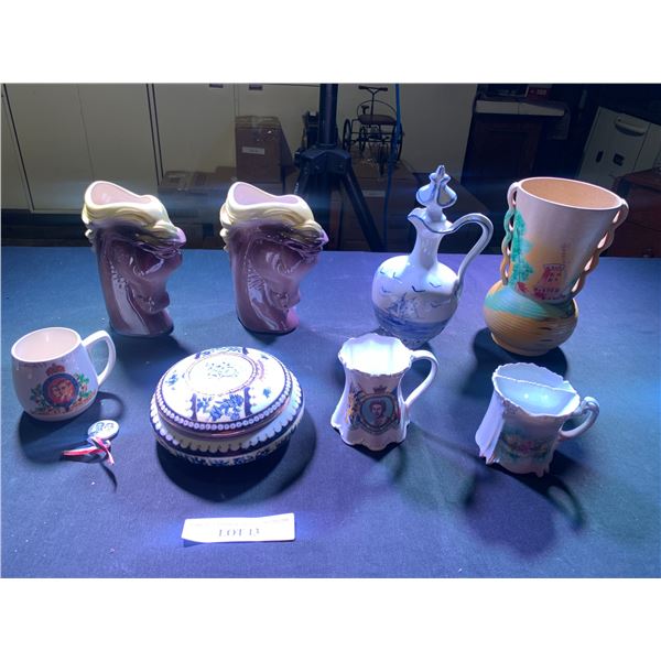 Limoges Floral Dish, Vintage Horse Vases, King George & Queen Elizabeth Mugs, Yellow Vase, Ship Bott