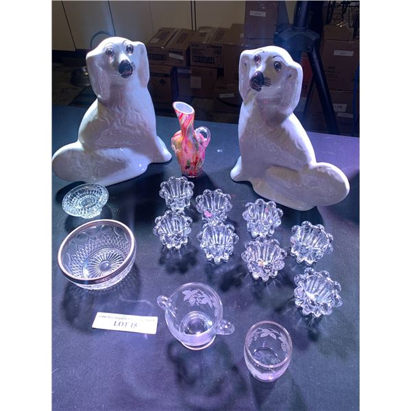 Lg Ceramic Dogs, Pink Hand-blown Glass Pitcher, Tealight Holders, Taper Candle Holder, Bowl, Grape M