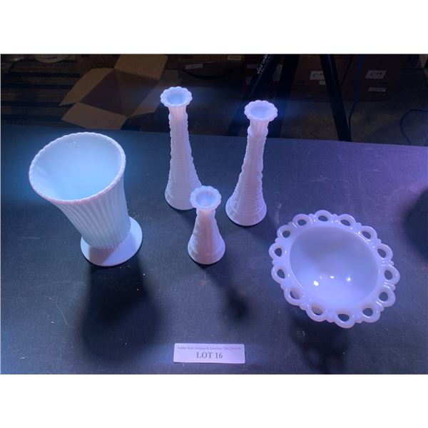 Milk Glass Vase, 3 Bud Vases & Bowl