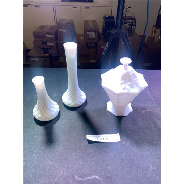 Pair of Milk Glass Bud Vases & Beautiful Panelled Pedestal Compote