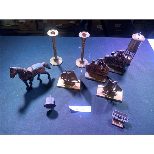 Brass Candle Holders, Brass Ships, Rodeo Rider Book Ends, Decorative Horse, Brass Lantern & Mini Rem